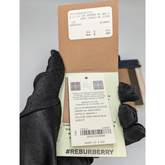 Burberry Check Zip Around Leather Wallet Dark Blue 8084516 - Picture 10 of 11